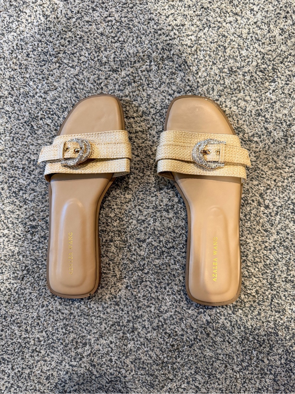 Neutral Raffia Slide Sandals with Decorative Buckle